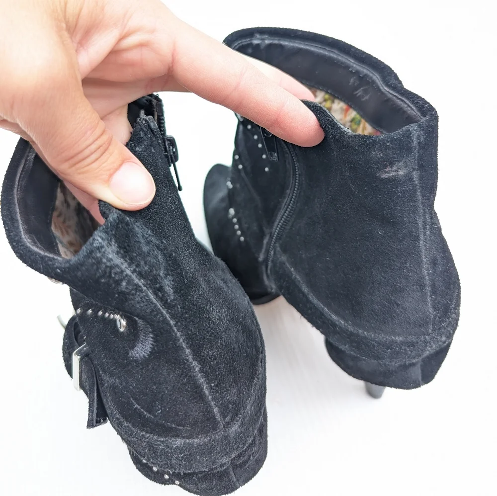 MIRANDA Miranda Lambart jeweled embroidered black suede heeled ankle booties